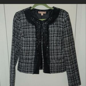 Ellen Tracy (4) - Elegant Black and White Tweed Jacket With Beaded Detail